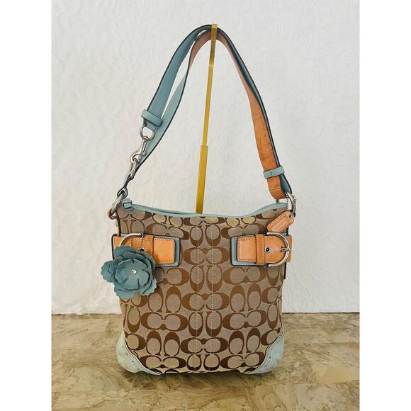 Coach Handbags - Coach Signature blue kakhi suede Leather Slim Crossbody Shoulder Bag 1487